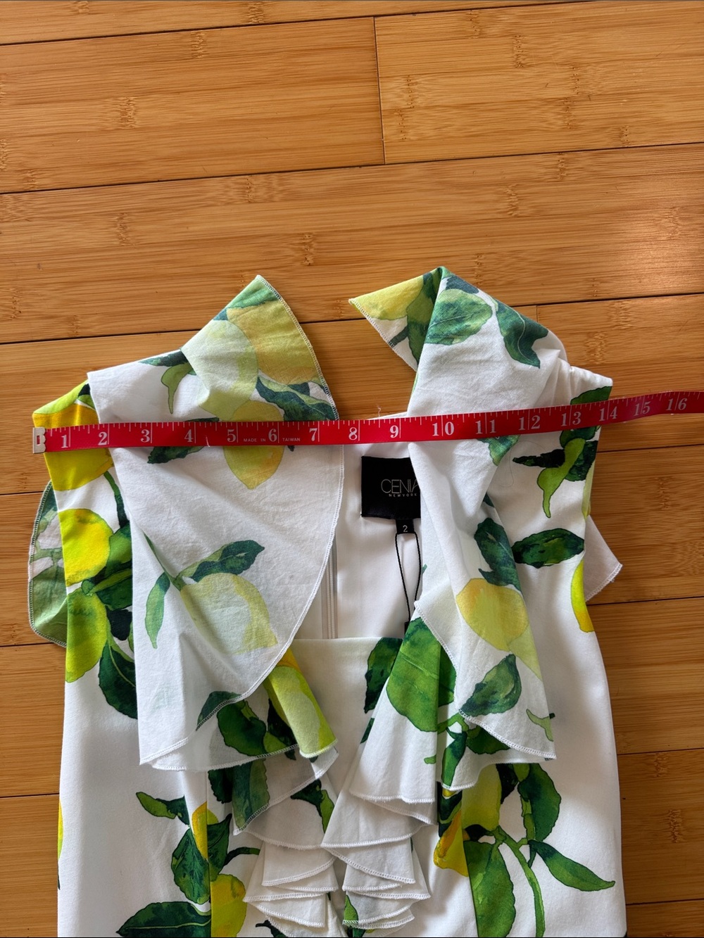 White Lemon-Print High-Low Ruffle Dress with Green Leaves - Picture 3 of 7